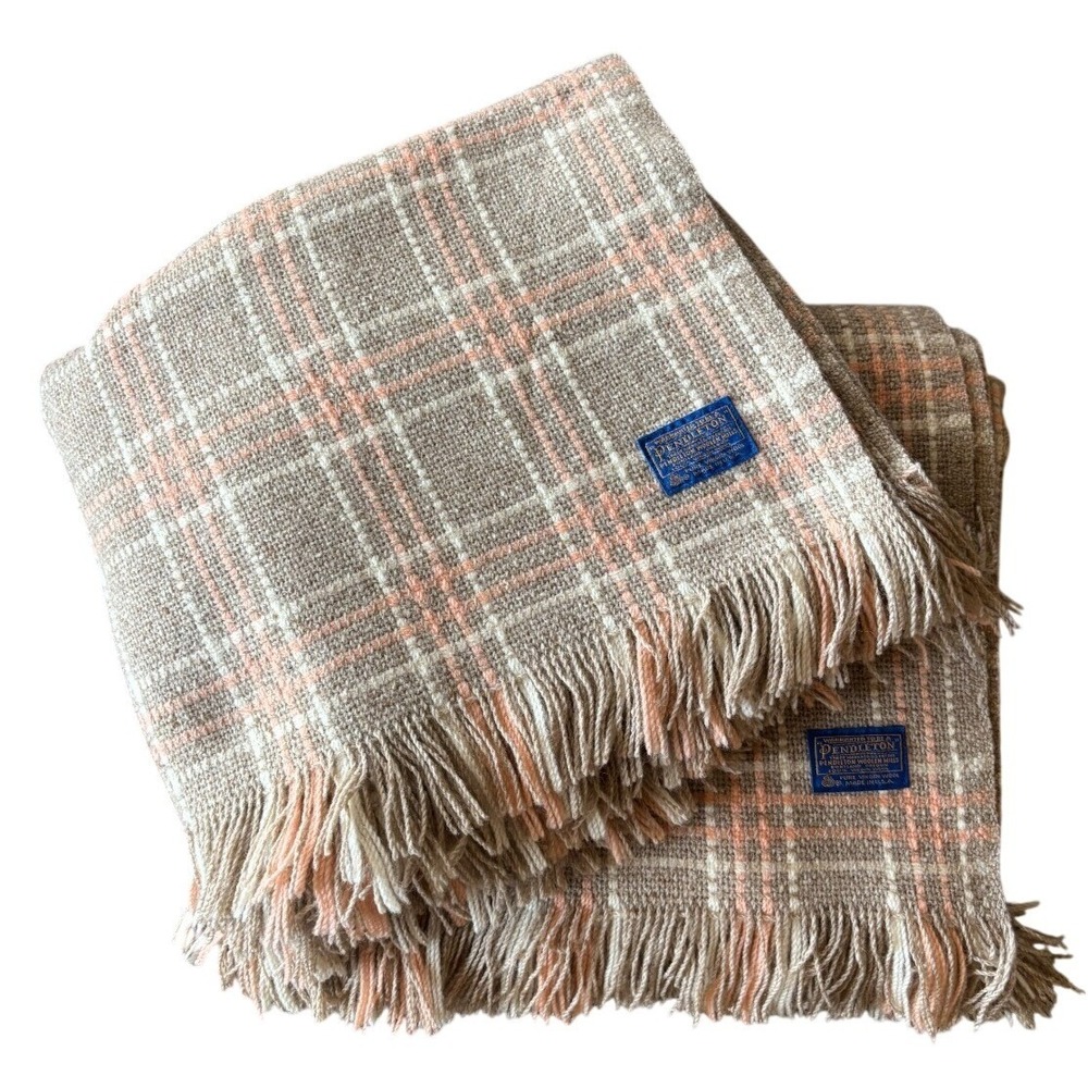 Lot of 2 Vintage Pendleton 100% Virgin Wool Plaid Throw Blankets 67x51 USA Peach